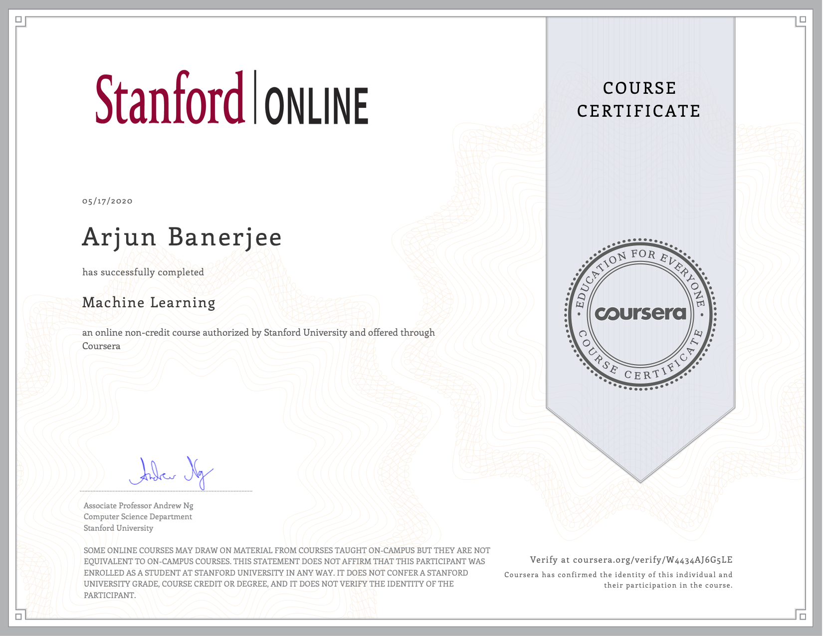 Machine Learning Stanford Coursera Certificate